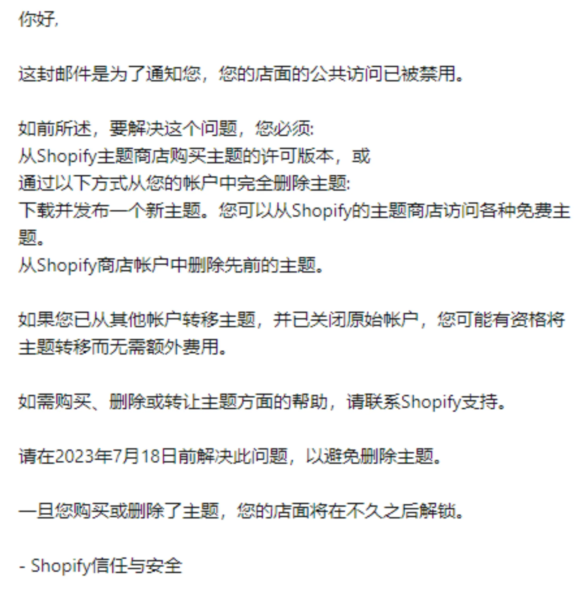 Shopify警告邮件翻译为中文